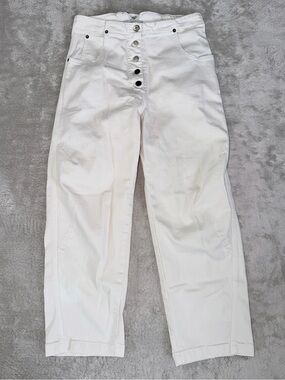 Rachel Comey Elkin Pants Button Fly Back Buckle Stretch Denim Size 0 Ivory FLAWS